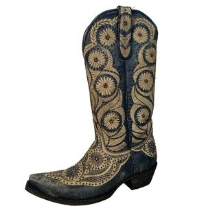 Old Gringo Valentine cowboy boots Tan Leather blue pointed toe laser design‎